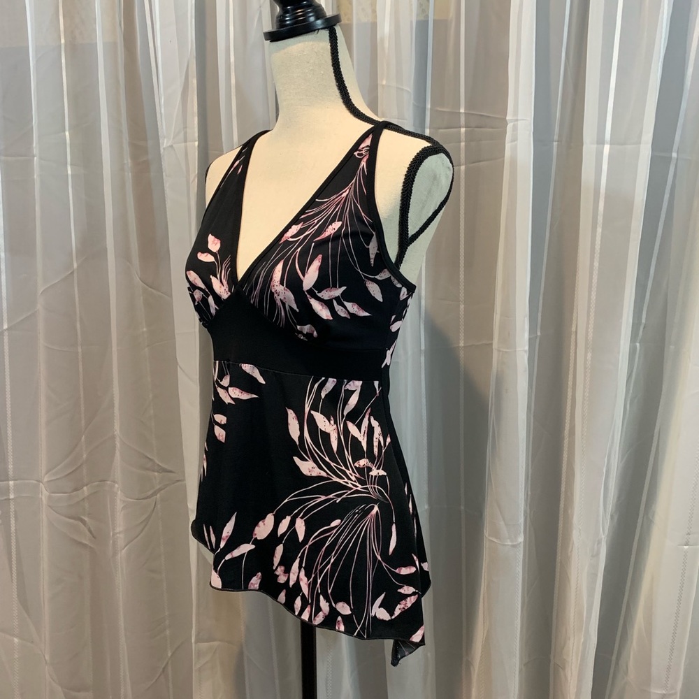 Summer top. Black w/ pink flowers. Razor back. M - Picture 2 of 5
